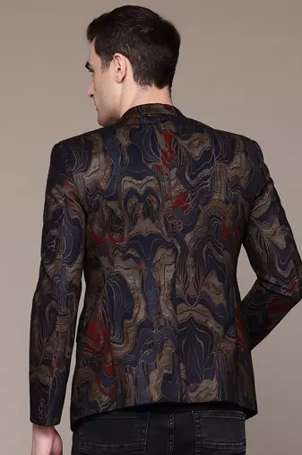 knitted single-breasted slim-fit blue and gold abstract print blazer