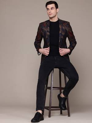 knitted single-breasted slim-fit blue and gold abstract print blazer 5