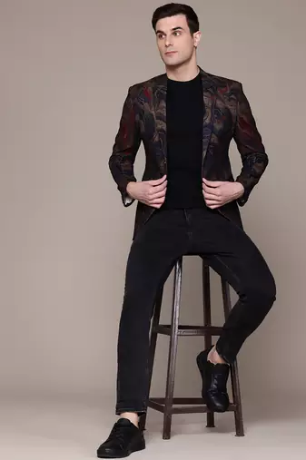 knitted single-breasted slim-fit blue and gold abstract print blazer