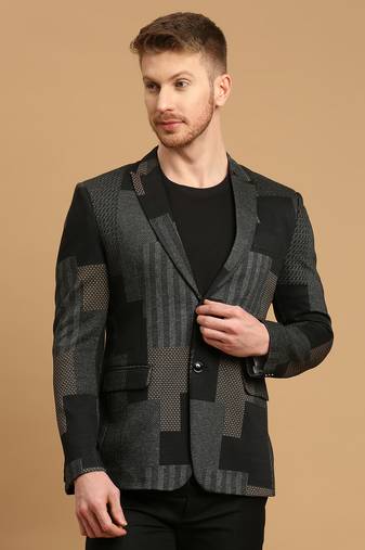 Men's dark grey knitted jacquard single-breasted slim-fit blazer with geometric pattern