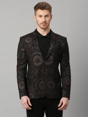 knitted single-breasted slim-fit black blazer with motif print 1