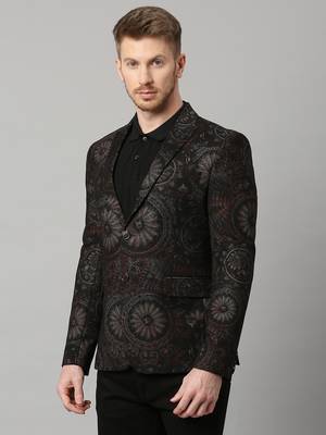 knitted single-breasted slim-fit black blazer with motif print 2