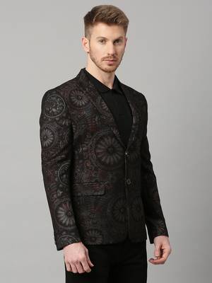 knitted single-breasted slim-fit black blazer with motif print 3