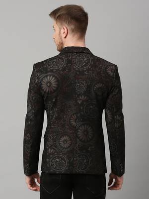 knitted single-breasted slim-fit black blazer with motif print 4