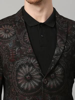 knitted single-breasted slim-fit black blazer with motif print 5