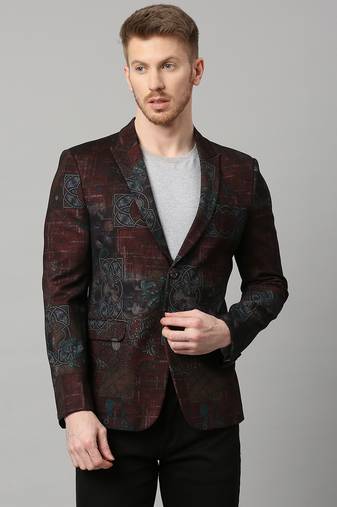 Men's knitted single-breasted slim-fit maroon blazer with motif print