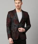 Men's knitted single-breasted slim-fit maroon blazer with motif print