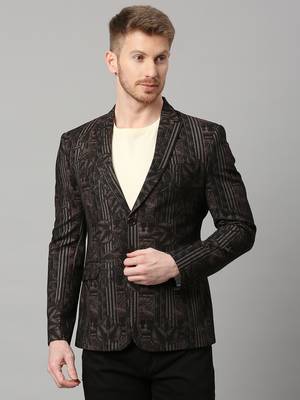 knitted single-breasted slim-fit black blazer with leaf and stripe print 2