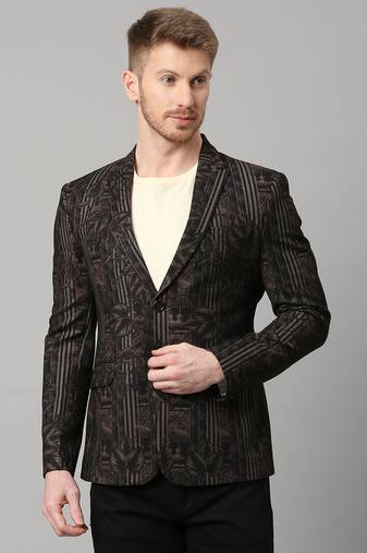 Men's knitted single-breasted slim-fit black blazer with leaf and stripe print