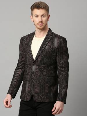 knitted single-breasted slim-fit black blazer with leaf and stripe print 3