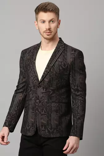 knitted single-breasted slim-fit black blazer with leaf and stripe print