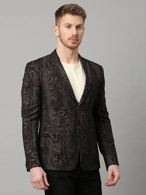 knitted single-breasted slim-fit black blazer with leaf and stripe print 4