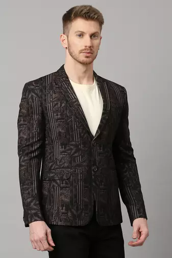 knitted single-breasted slim-fit black blazer with leaf and stripe print