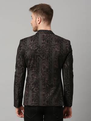 knitted single-breasted slim-fit black blazer with leaf and stripe print 5