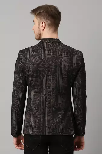 knitted single-breasted slim-fit black blazer with leaf and stripe print