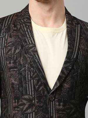 knitted single-breasted slim-fit black blazer with leaf and stripe print 6