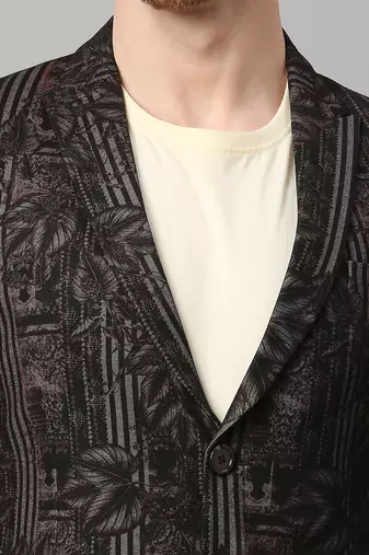 knitted single-breasted slim-fit black blazer with leaf and stripe print