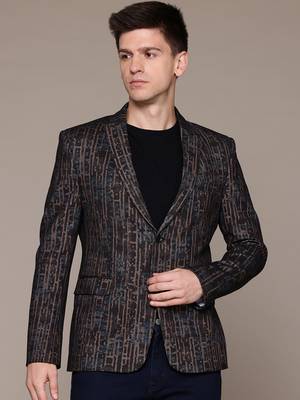 knitted single-breasted slim-fit brown abstract print blazer 2