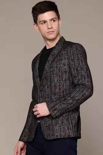 knitted single-breasted slim-fit brown abstract print blazer