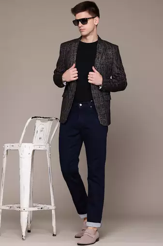 knitted single-breasted slim-fit brown abstract print blazer