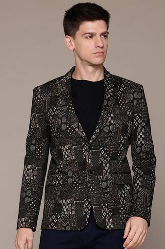 Men's brown single-breasted slim-fit jacquard blazer