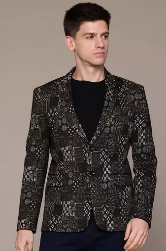 Men's brown single-breasted slim-fit jacquard blazer
