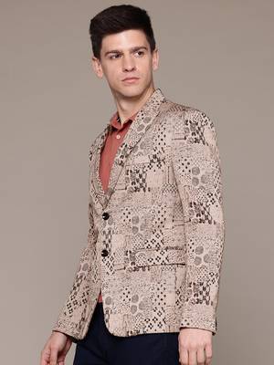khaki single-breasted slim-fit jacquard blazer 3