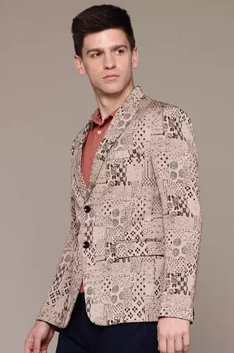 khaki single-breasted slim-fit jacquard blazer