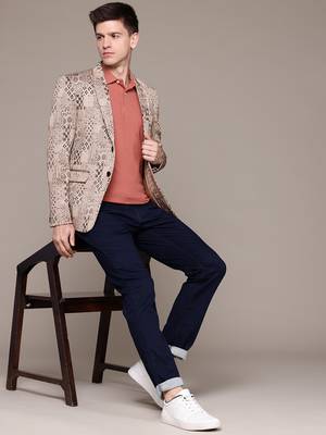 khaki single-breasted slim-fit jacquard blazer 5
