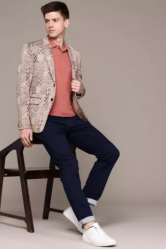 khaki single-breasted slim-fit jacquard blazer