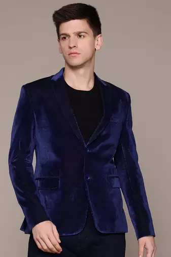 Men's blue corduroy single-breasted slim-fit blazer