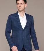 Men's double-breasted slim-fit blue blazer with white stripes