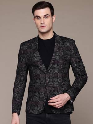 knitted single-breasted slim-fit block print blazer 1
