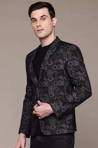 knitted single-breasted slim-fit block print blazer