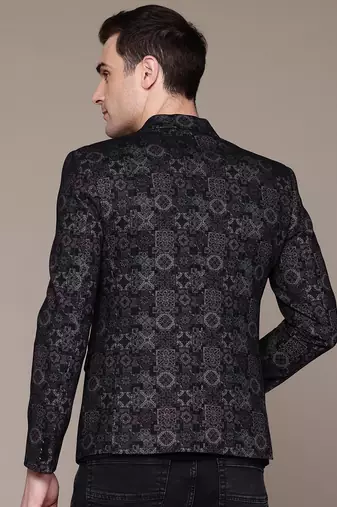 knitted single-breasted slim-fit block print blazer