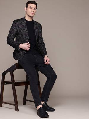knitted single-breasted slim-fit block print blazer 5