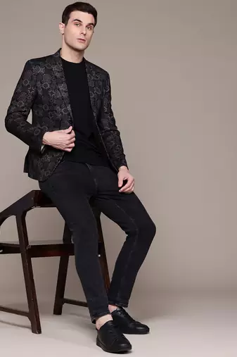 knitted single-breasted slim-fit block print blazer