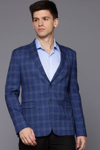 Men's blue single-breasted slim-fit blazer with white checks