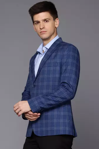 blue single-breasted slim-fit blazer with white checks