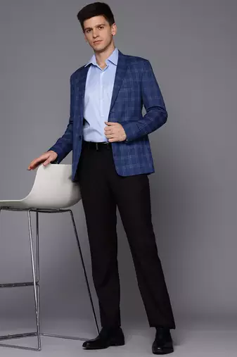 blue single-breasted slim-fit blazer with white checks