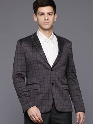 dark grey single-breasted slim-fit blazer with blue and black two-tone checks 1
