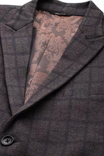 dark grey single-breasted slim-fit blazer with blue and black two-tone checks