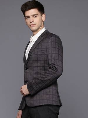 dark grey single-breasted slim-fit blazer with blue and black two-tone checks 3