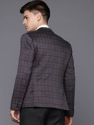 dark grey single-breasted slim-fit blazer with blue and black two-tone checks 4