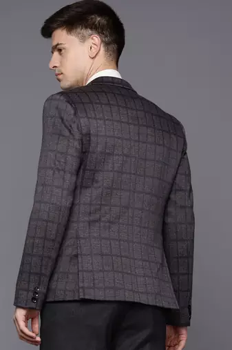dark grey single-breasted slim-fit blazer with blue and black two-tone checks