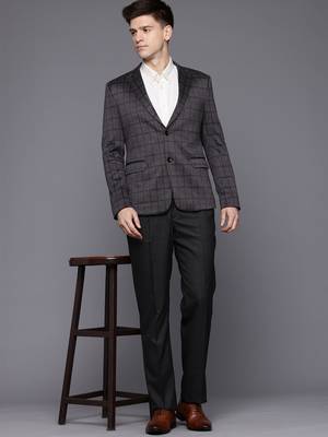 dark grey single-breasted slim-fit blazer with blue and black two-tone checks 5