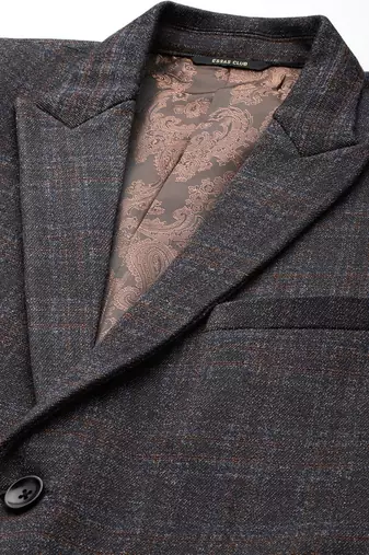 charcoal single-breasted slim-fit blazer with blue and black two-tone checks