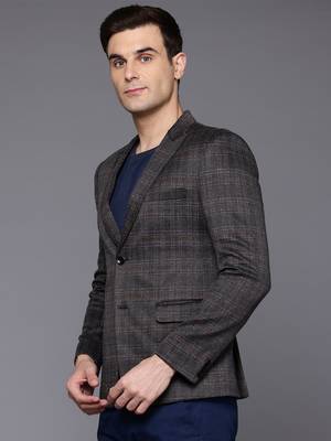 charcoal single-breasted slim-fit blazer with blue and black two-tone checks 4