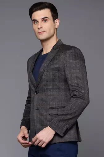 charcoal single-breasted slim-fit blazer with blue and black two-tone checks