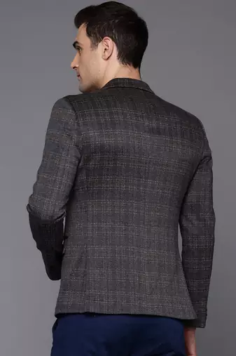 charcoal single-breasted slim-fit blazer with blue and black two-tone checks